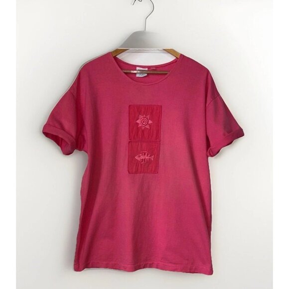 Johnny Was Vtg Coral Pink Fish & Sun Pink Tee T-Shirt, OSFM, Casual Beach Travel - Picture 1 of 6